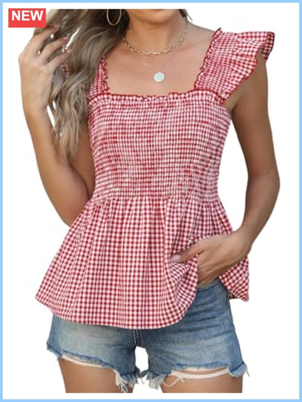 Womens Ruffle Sleeve Smocked Tank Top Square Neck Sleeveless Summer Blouse